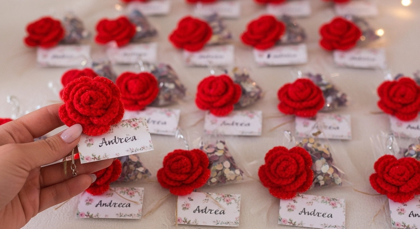 Bomboniere all’uncinetto realizzate a mano, disposte su un tavolo di legno chiaro con luce naturale. Creazioni artigianali fatte a mano in Italia, ideali per matrimoni, battesimi e comunioni.