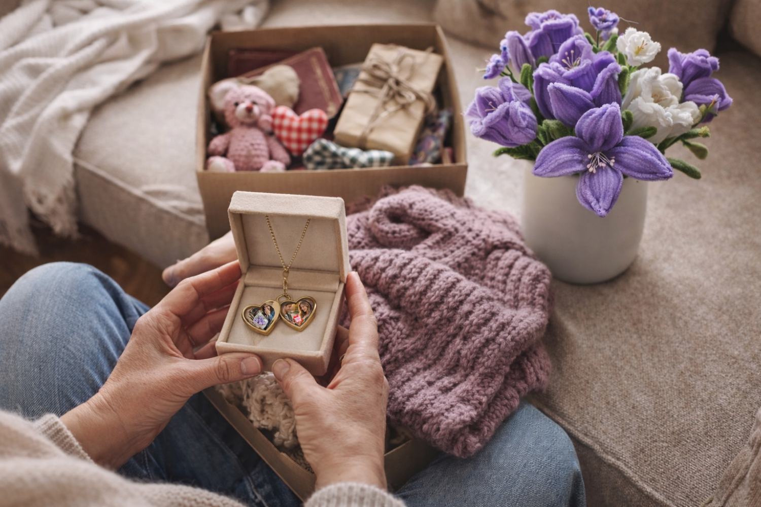 Persona seduta su un divano tiene tra le mani una scatolina aperta con una collana a cuore, mentre sullo sfondo si vede una scatola piena di ricordi fatti a mano, un maglione di lana e un vaso opaco con fiori artigianali viola e bianchi