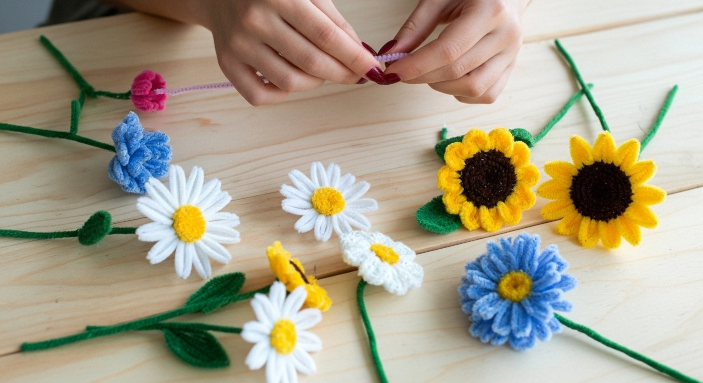 Mani che intrecciano fiori con scovolini colorati su un tavolo di legno chiaro. Creazione di fiori artigianali fatti a mano in Italia, sostenibili e unici