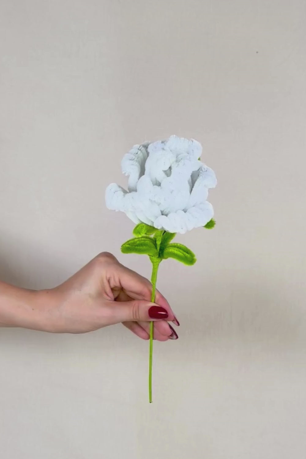 Video 360° della rosa bianca in scovolini fatta a mano di Made By Hand, fiore artigianale realistico da 34 cm che mostra i dettagli del lavoro manuale.