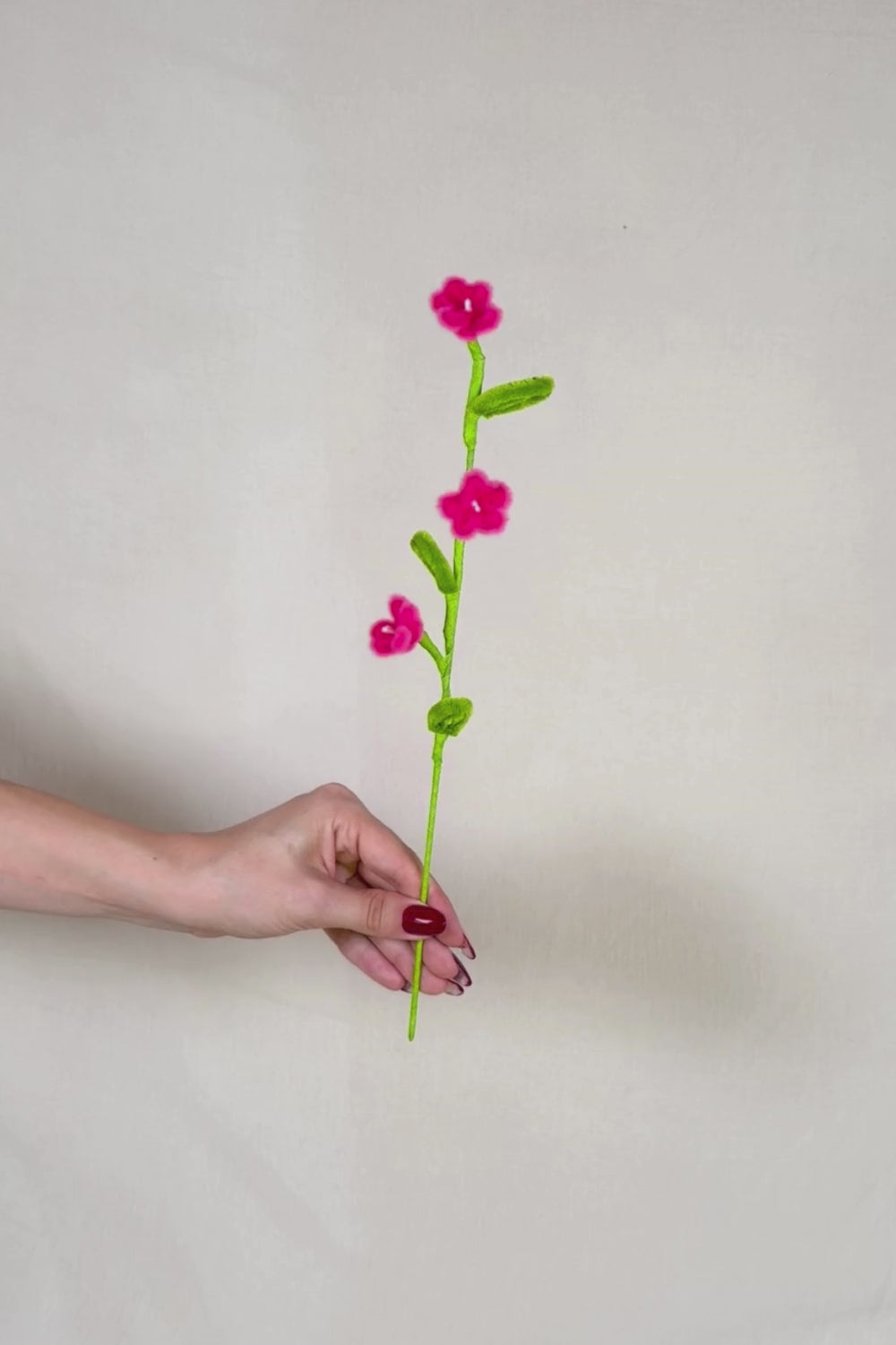 Video che fa vedere a 360 gradi un rametto con 3 mini margherite fucsia in scovolini, fatto a mano da Made By Hand in Italia, fiore artigianale decorativo 34 cm ideale per mazzi o regali floreali sostenibili