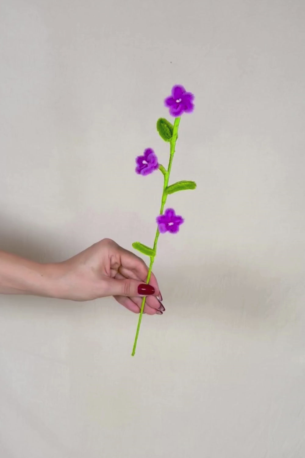 Video che fa vedere a 360 gradi un rametto con 3 mini margherite magenta in scovolini, fatto a mano da Made By Hand in Italia, fiore artigianale decorativo 34 cm ideale per mazzi o regali floreali sostenibili