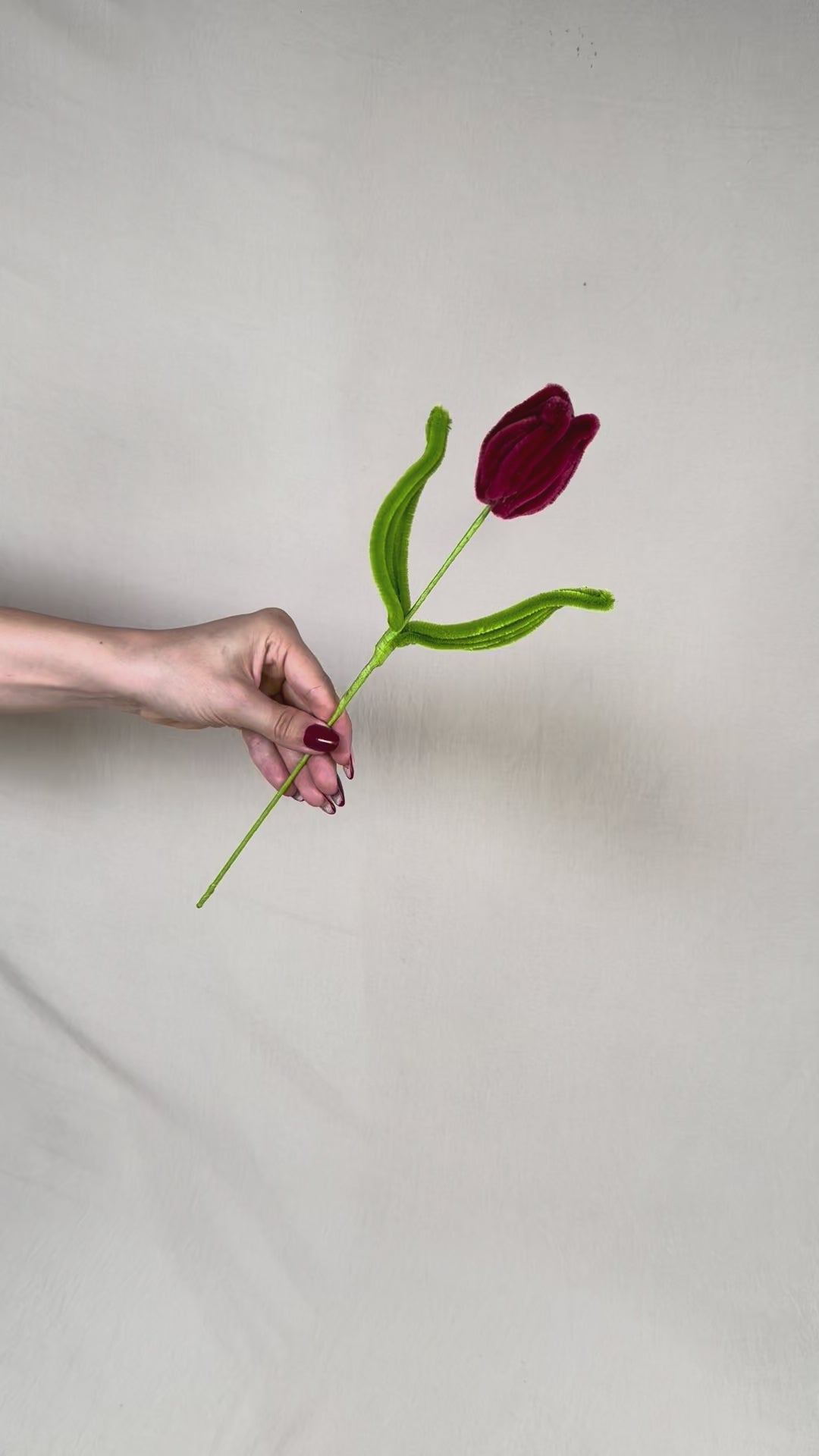 Video che fa vedere a 360 gradi un un tulipano bordeaux in scovolini, fatto a mano da Made By Hand in Italia, fiore artigianale decorativo 34 cm ideale per mazzi o regali floreali sostenibili
