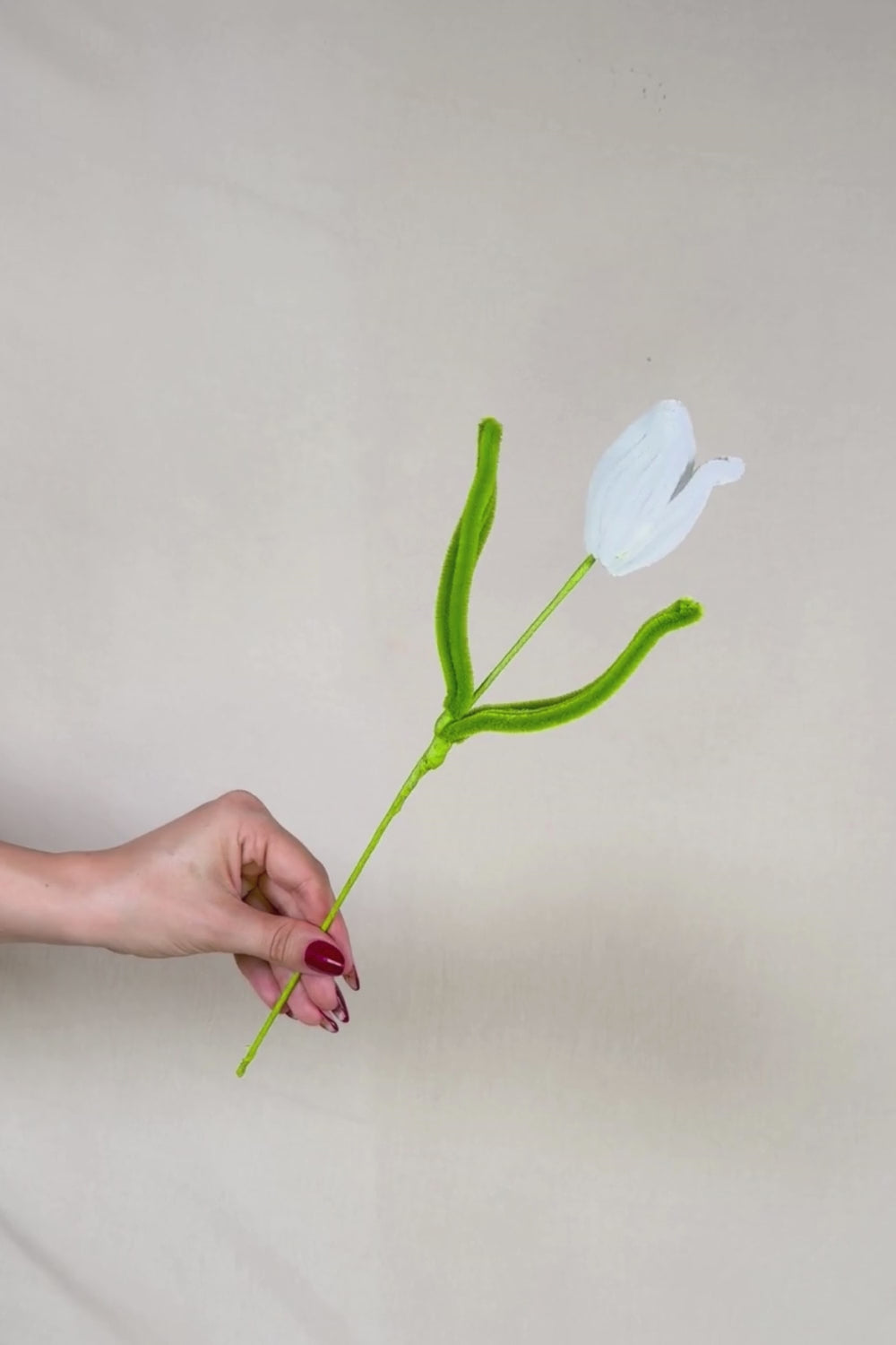 Video che fa vedere a 360 gradi un un tulipano bianco in scovolini, fatto a mano da Made By Hand in Italia, fiore artigianale decorativo 34 cm ideale per mazzi o regali floreali sostenibili